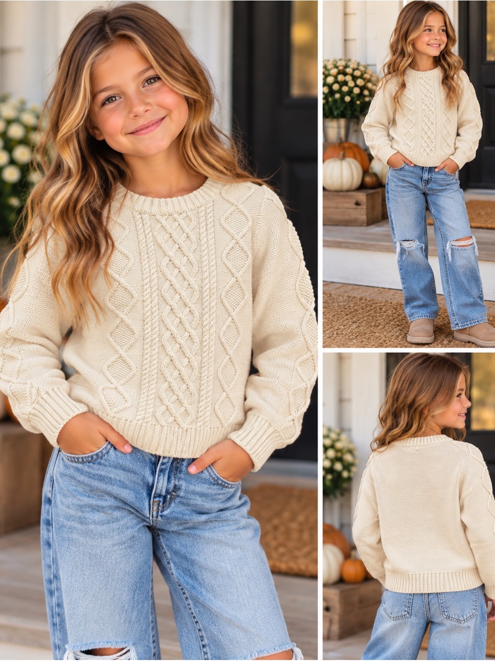 Hanna Andersson Ivory Cable Knit Cotton Sweater Kids size 6-7
